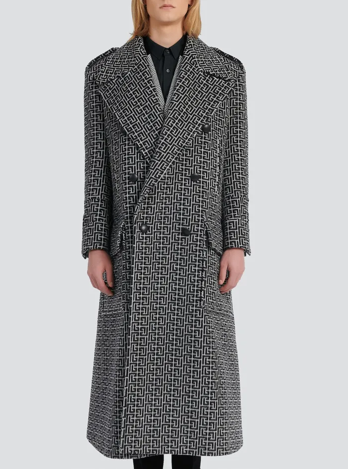 Balmain Outerwear Mens Long Balmain Monogram Wool Coat Black