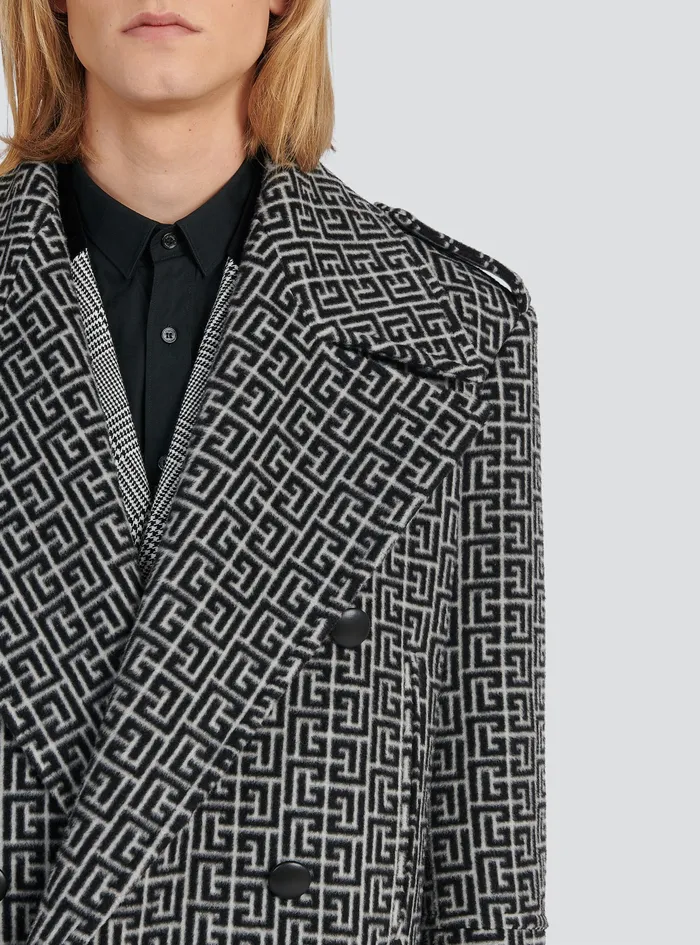 Balmain Outerwear Mens Long Balmain Monogram Wool Coat Black