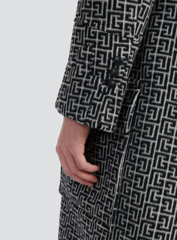 Balmain Outerwear Mens Long Balmain Monogram Wool Coat Black