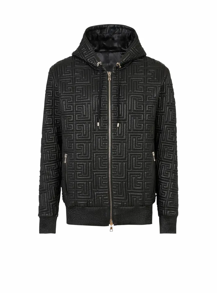 Balmain Outerwear Mens Quilted Leather Sweatshirt With Balmain Monogram Black