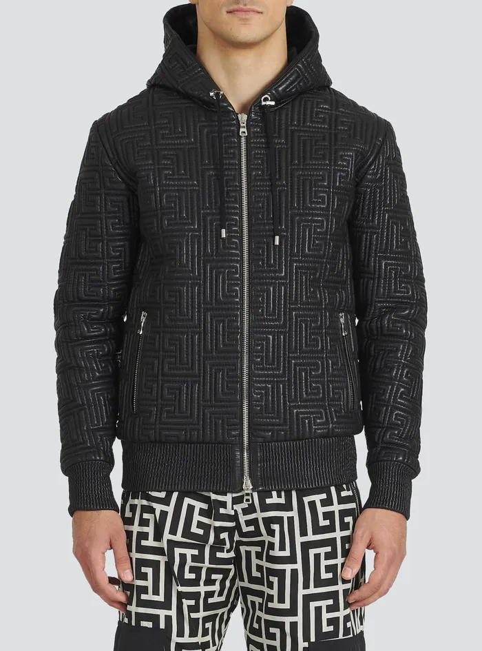Balmain Outerwear Mens Quilted Leather Sweatshirt With Balmain Monogram Black Balmain Outerwear Mens Quilted Leather Sweatshirt With Balmain Monogram Black