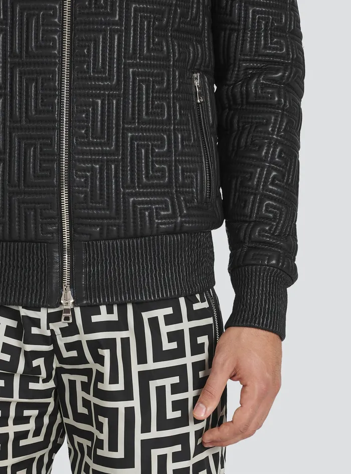 Balmain Outerwear Mens Quilted Leather Sweatshirt With Balmain Monogram Black Balmain Outerwear Mens Quilted Leather Sweatshirt With Balmain Monogram Black