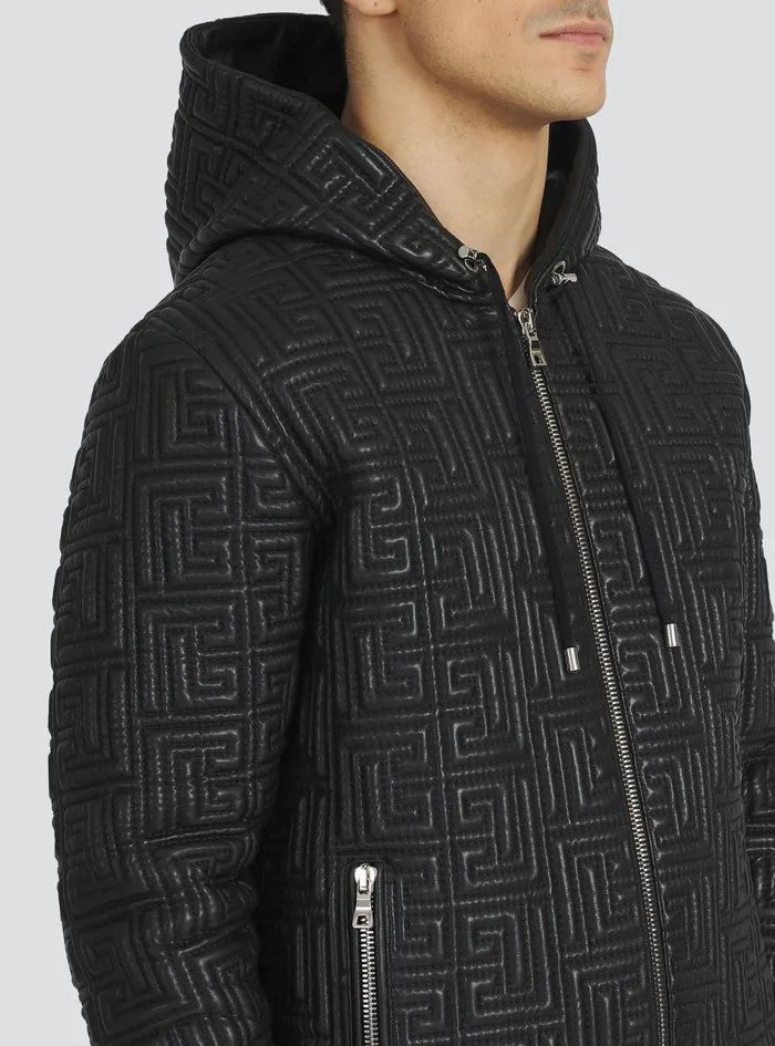 Balmain Outerwear Mens Quilted Leather Sweatshirt With Balmain Monogram Black Balmain Outerwear Mens Quilted Leather Sweatshirt With Balmain Monogram Black