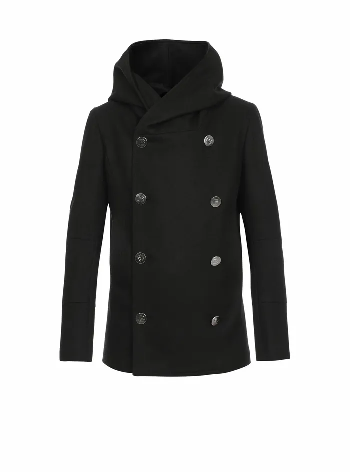 Balmain Outerwear Mens Wool Hooded Pea Coat With DoubleBreasted SilverTone Buttoned Fastening Black Balmain Outerwear Mens Wool Hooded Pea Coat With DoubleBreasted SilverTone Buttoned Fastening Black