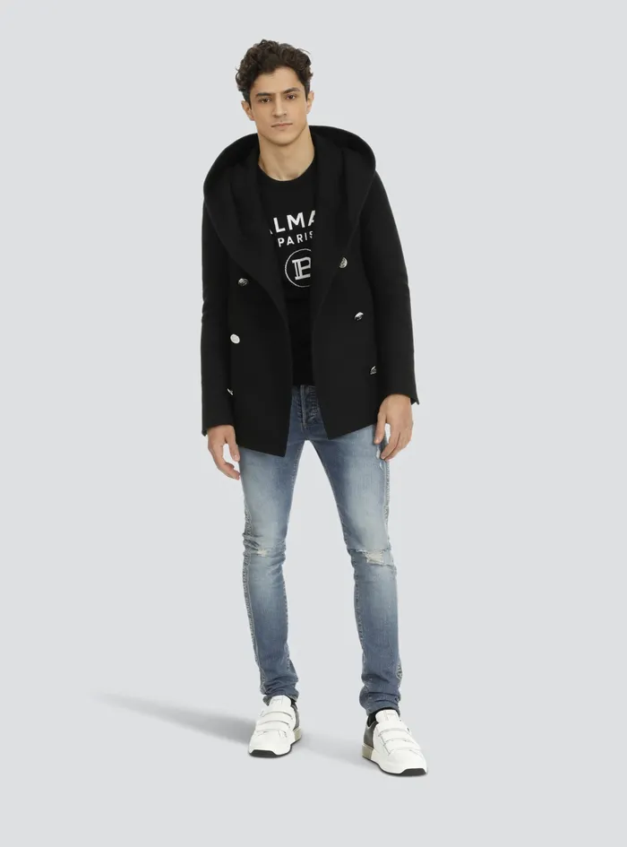 Balmain Outerwear Mens Wool Hooded Pea Coat With DoubleBreasted SilverTone Buttoned Fastening Black