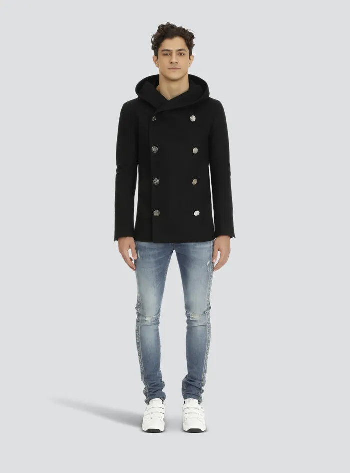 Balmain Outerwear Mens Wool Hooded Pea Coat With DoubleBreasted SilverTone Buttoned Fastening Black