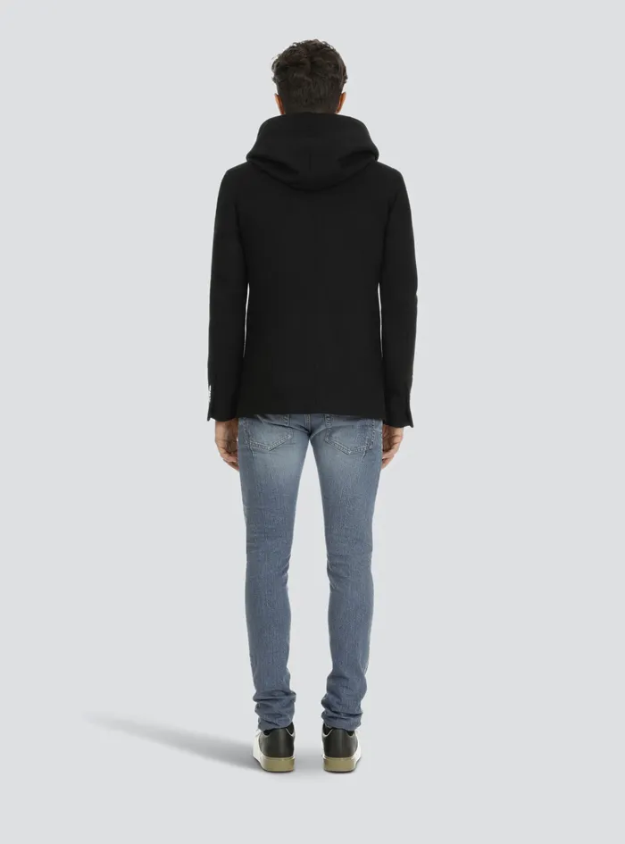 Balmain Outerwear Mens Wool Hooded Pea Coat With DoubleBreasted SilverTone Buttoned Fastening Black
