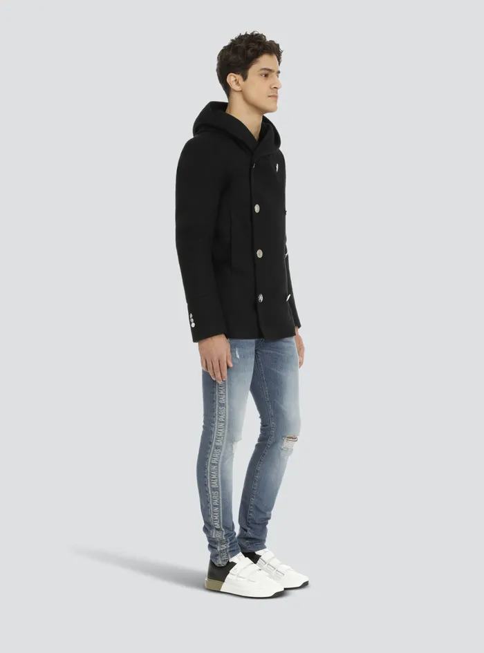 Balmain Outerwear Mens Wool Hooded Pea Coat With DoubleBreasted SilverTone Buttoned Fastening Black
