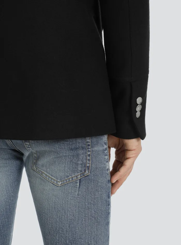 Balmain Outerwear Mens Wool Hooded Pea Coat With DoubleBreasted SilverTone Buttoned Fastening Black