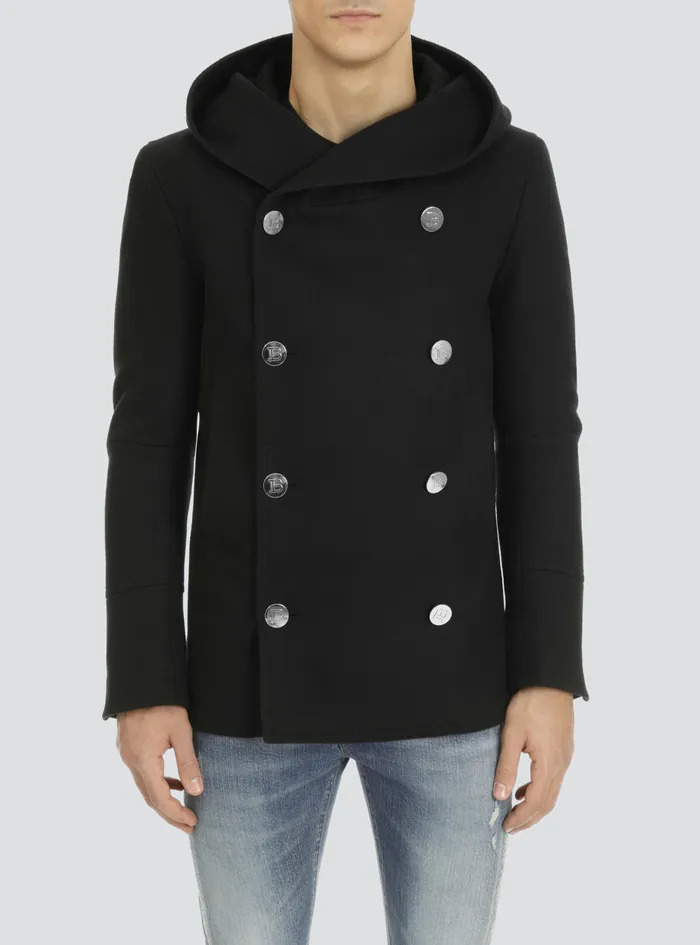 Balmain Outerwear Mens Wool Hooded Pea Coat With DoubleBreasted SilverTone Buttoned Fastening Black