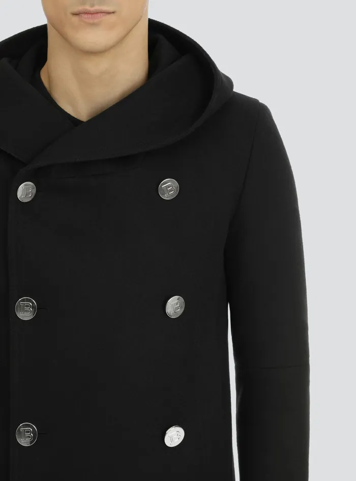 Balmain Outerwear Mens Wool Hooded Pea Coat With DoubleBreasted SilverTone Buttoned Fastening Black