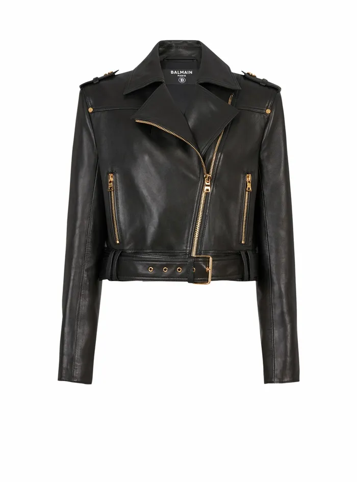 Balmain Outerwear Womens Cropped Leather Biker Jacket Black