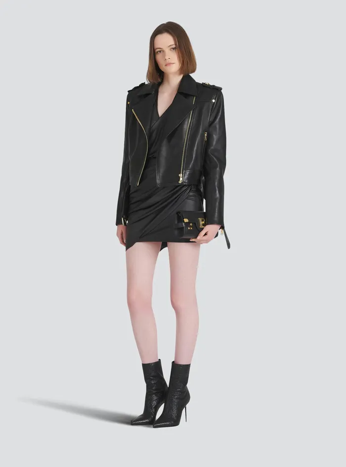 Balmain Outerwear Womens Cropped Leather Biker Jacket Black Balmain Outerwear Womens Cropped Leather Biker Jacket Black