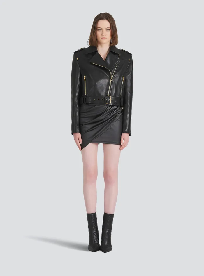 Balmain Outerwear Womens Cropped Leather Biker Jacket Black Balmain Outerwear Womens Cropped Leather Biker Jacket Black
