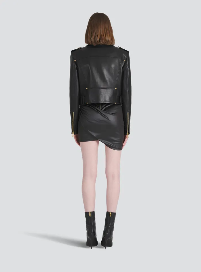 Balmain Outerwear Womens Cropped Leather Biker Jacket Black Balmain Outerwear Womens Cropped Leather Biker Jacket Black