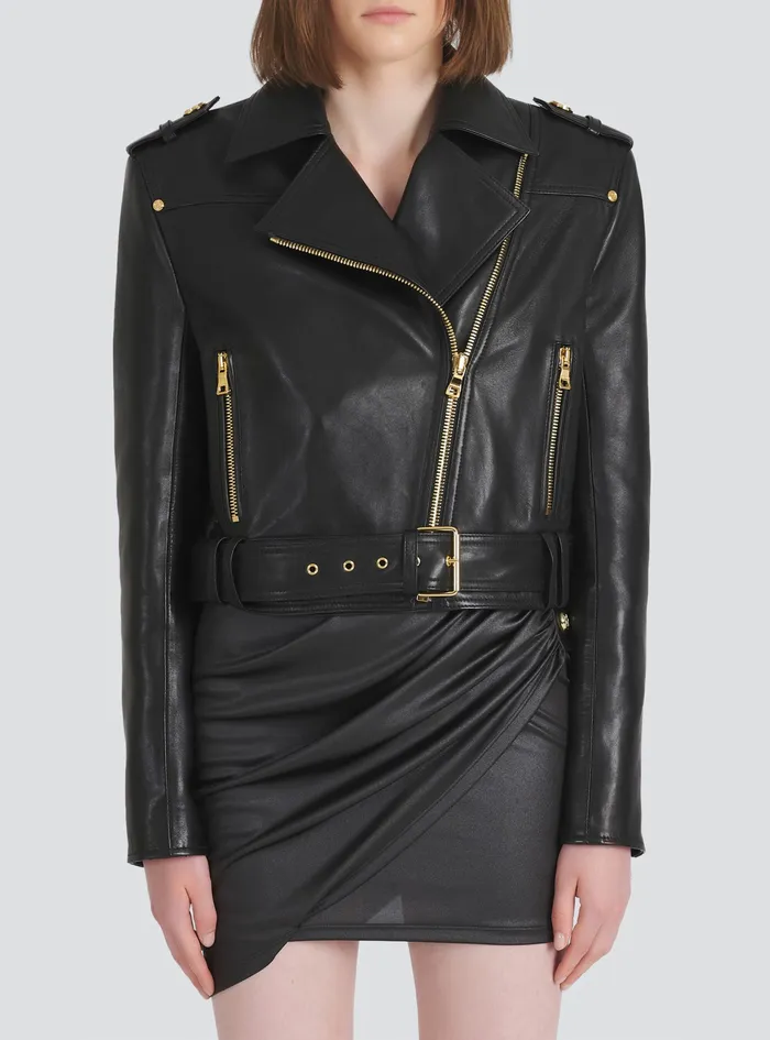 Balmain Outerwear Womens Cropped Leather Biker Jacket Black Balmain Outerwear Womens Cropped Leather Biker Jacket Black