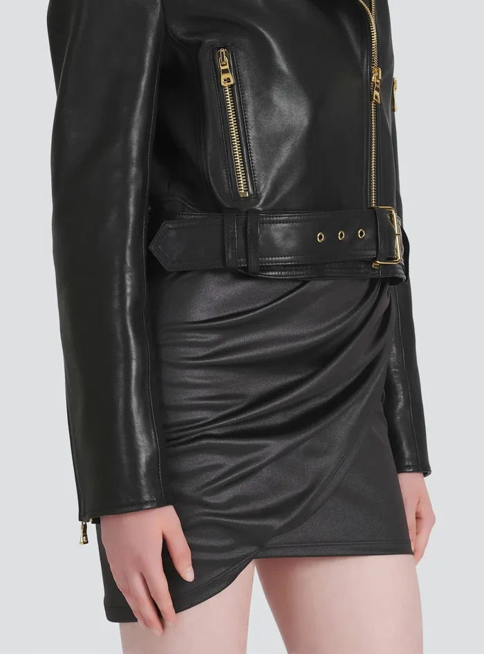 Balmain Outerwear Womens Cropped Leather Biker Jacket Black Balmain Outerwear Womens Cropped Leather Biker Jacket Black