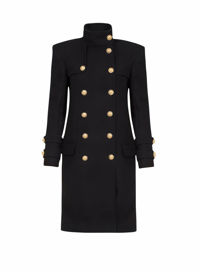 Balmain Outerwear Womens Long Wool And Cashmere Coat With DoubleBreasted GoldTone Buttoned Fastening Black Balmain Outerwear Womens Long Wool And Cashmere Coat With DoubleBreasted GoldTone Buttoned Fastening Black