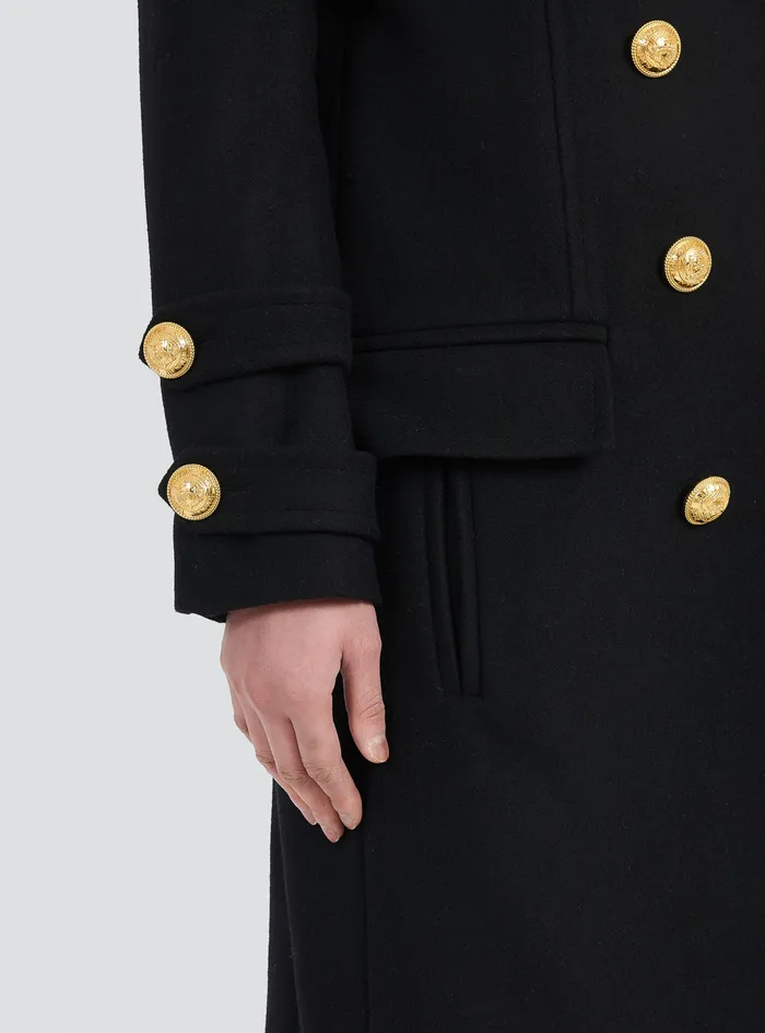 Balmain Outerwear Womens Long Wool And Cashmere Coat With DoubleBreasted GoldTone Buttoned Fastening Black Balmain Outerwear Womens Long Wool And Cashmere Coat With DoubleBreasted GoldTone Buttoned Fastening Black