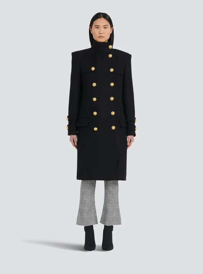 Balmain Outerwear Womens Long Wool And Cashmere Coat With DoubleBreasted GoldTone Buttoned Fastening Black Balmain Outerwear Womens Long Wool And Cashmere Coat With DoubleBreasted GoldTone Buttoned Fastening Black
