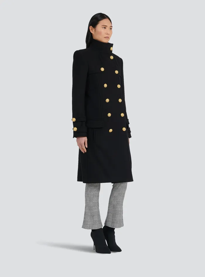 Balmain Outerwear Womens Long Wool And Cashmere Coat With DoubleBreasted GoldTone Buttoned Fastening Black Balmain Outerwear Womens Long Wool And Cashmere Coat With DoubleBreasted GoldTone Buttoned Fastening Black