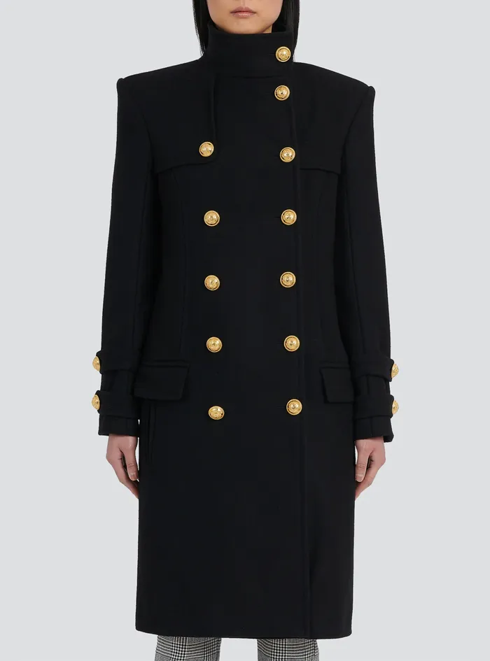 Balmain Outerwear Womens Long Wool And Cashmere Coat With DoubleBreasted GoldTone Buttoned Fastening Black Balmain Outerwear Womens Long Wool And Cashmere Coat With DoubleBreasted GoldTone Buttoned Fastening Black