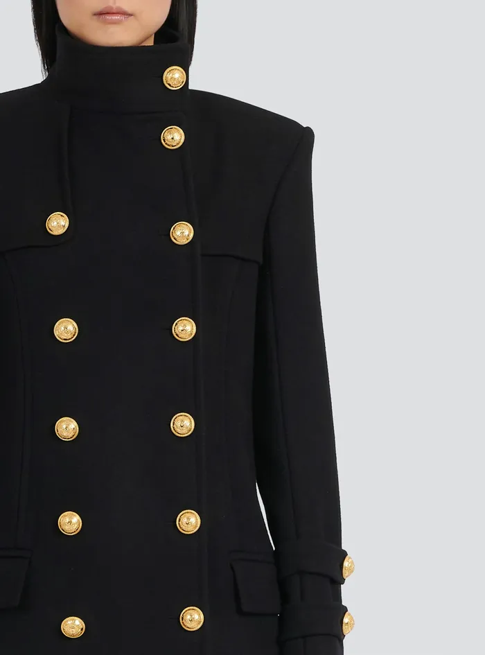 Balmain Outerwear Womens Long Wool And Cashmere Coat With DoubleBreasted GoldTone Buttoned Fastening Black Balmain Outerwear Womens Long Wool And Cashmere Coat With DoubleBreasted GoldTone Buttoned Fastening Black