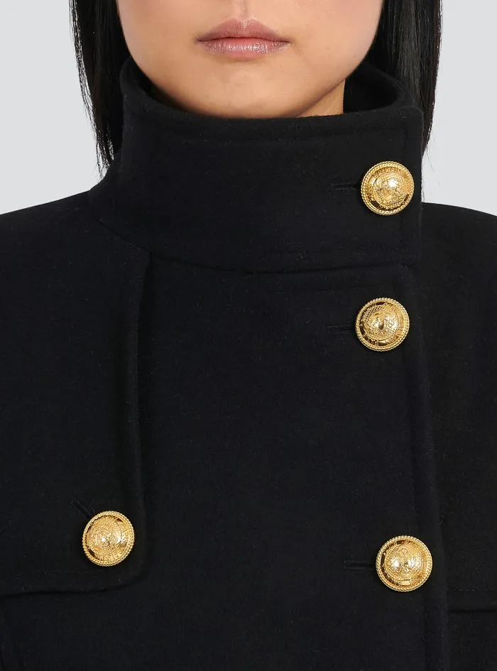 Balmain Outerwear Womens Long Wool And Cashmere Coat With DoubleBreasted GoldTone Buttoned Fastening Black Balmain Outerwear Womens Long Wool And Cashmere Coat With DoubleBreasted GoldTone Buttoned Fastening Black