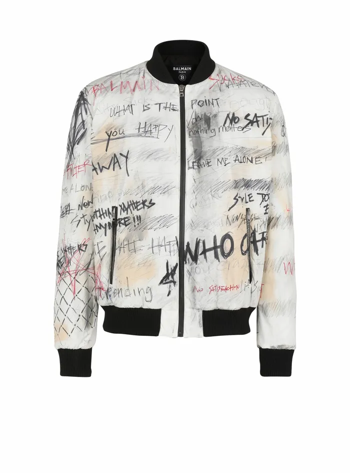 Balmain Outerwear WomensMens Unisex 8211 Nylon Bomber Jacket With Graffiti Print White Balmain Outerwear WomensMens Unisex 8211 Nylon Bomber Jacket With Graffiti Print White