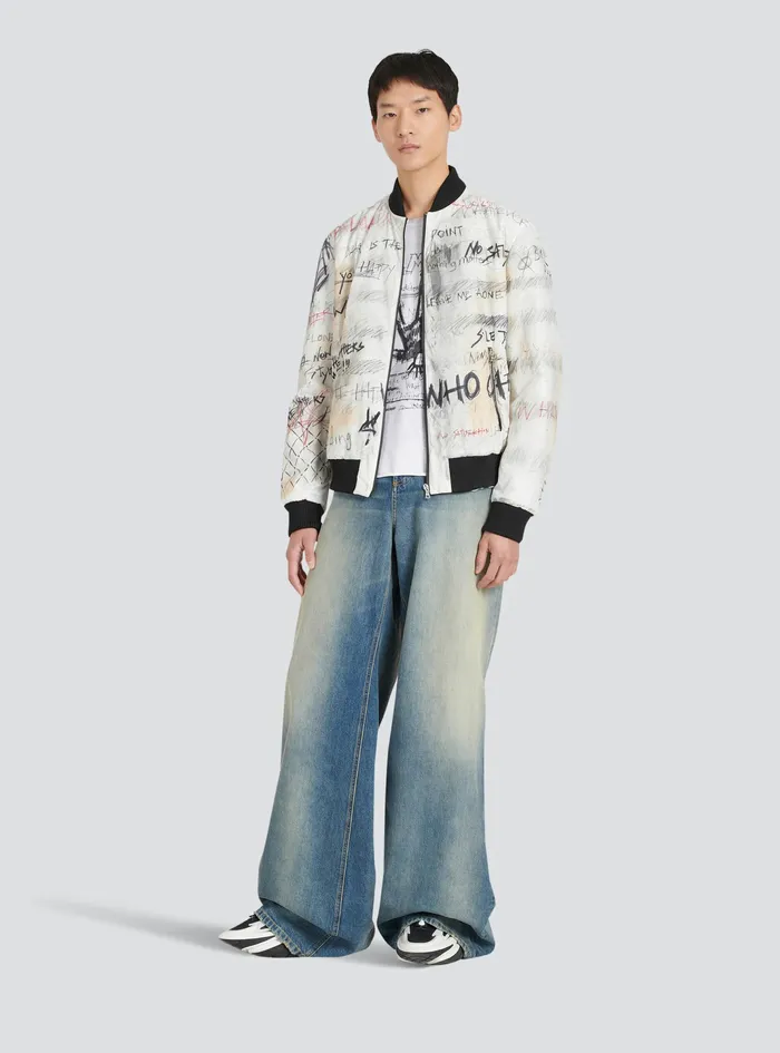 Balmain Outerwear WomensMens Unisex 8211 Nylon Bomber Jacket With Graffiti Print White Balmain Outerwear WomensMens Unisex 8211 Nylon Bomber Jacket With Graffiti Print White