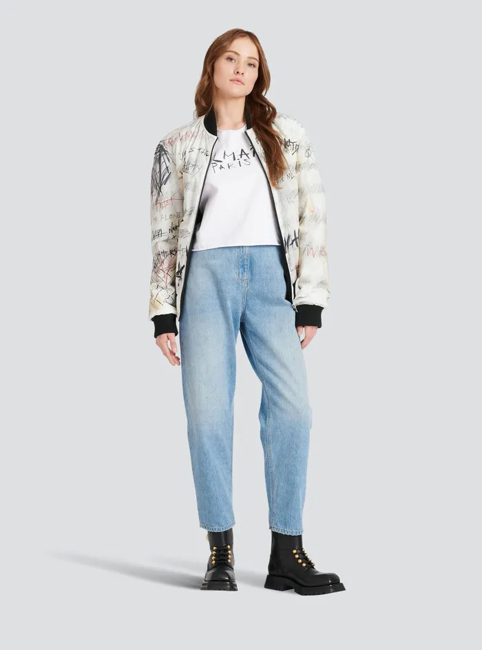 Balmain Outerwear WomensMens Unisex 8211 Nylon Bomber Jacket With Graffiti Print White Balmain Outerwear WomensMens Unisex 8211 Nylon Bomber Jacket With Graffiti Print White