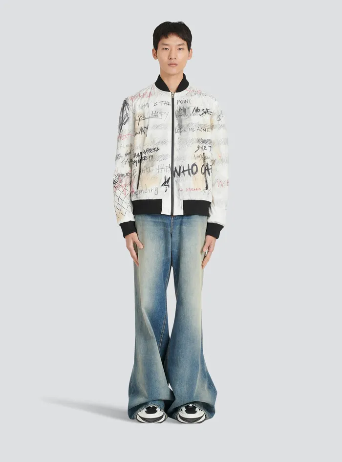 Balmain Outerwear WomensMens Unisex 8211 Nylon Bomber Jacket With Graffiti Print White Balmain Outerwear WomensMens Unisex 8211 Nylon Bomber Jacket With Graffiti Print White