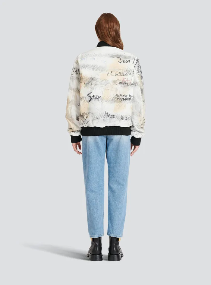 Balmain Outerwear WomensMens Unisex 8211 Nylon Bomber Jacket With Graffiti Print White Balmain Outerwear WomensMens Unisex 8211 Nylon Bomber Jacket With Graffiti Print White