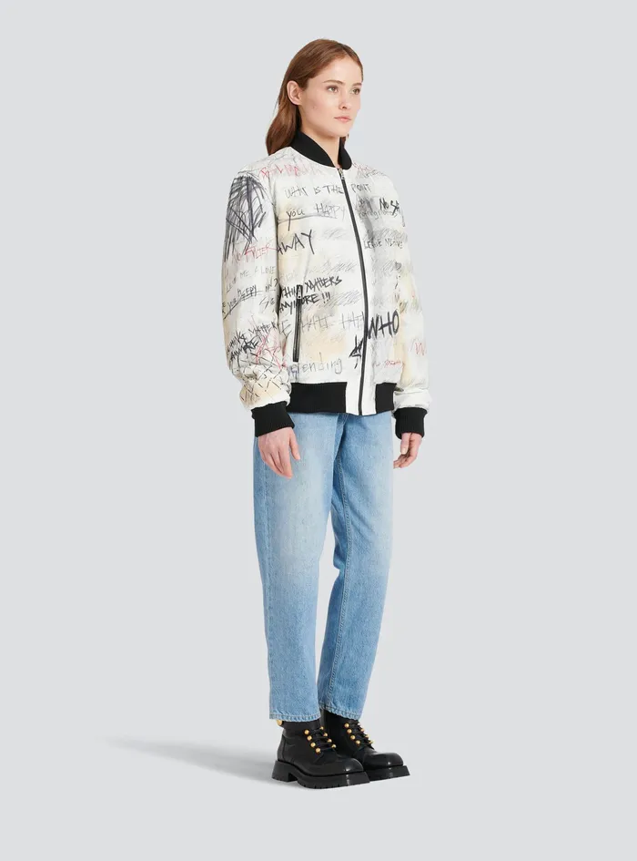 Balmain Outerwear WomensMens Unisex 8211 Nylon Bomber Jacket With Graffiti Print White Balmain Outerwear WomensMens Unisex 8211 Nylon Bomber Jacket With Graffiti Print White