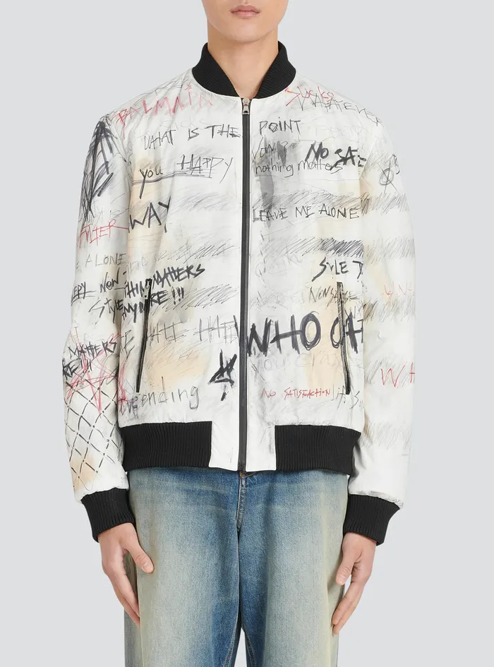 Balmain Outerwear WomensMens Unisex 8211 Nylon Bomber Jacket With Graffiti Print White Balmain Outerwear WomensMens Unisex 8211 Nylon Bomber Jacket With Graffiti Print White