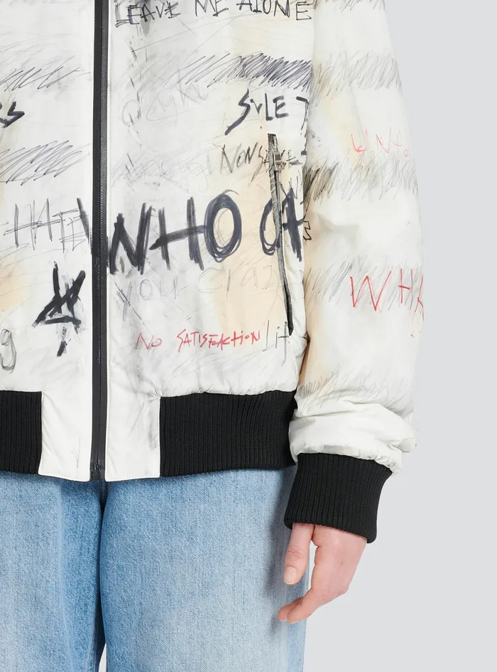 Balmain Outerwear WomensMens Unisex 8211 Nylon Bomber Jacket With Graffiti Print White Balmain Outerwear WomensMens Unisex 8211 Nylon Bomber Jacket With Graffiti Print White