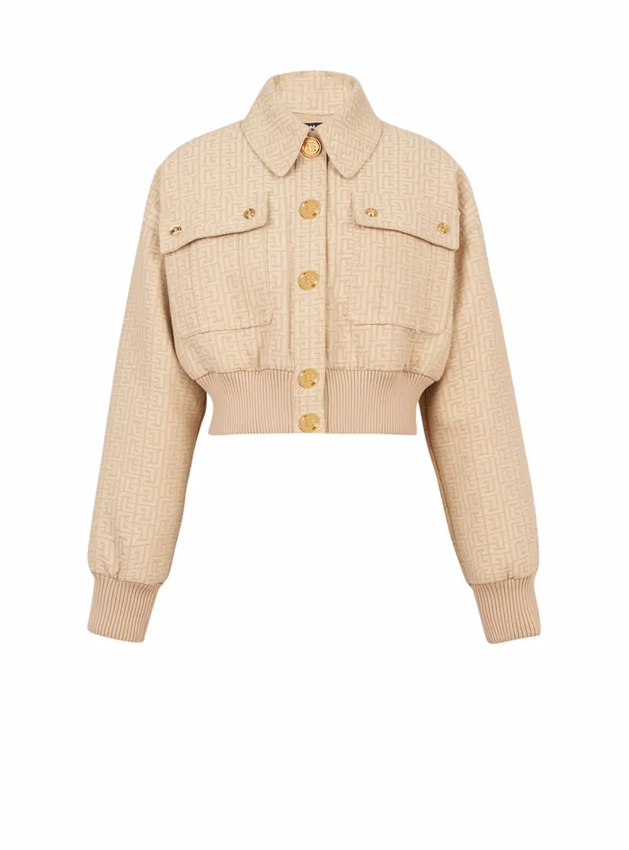 Balmain Outerwear Womens Monogram Jacquard Bomber Jacket Beige