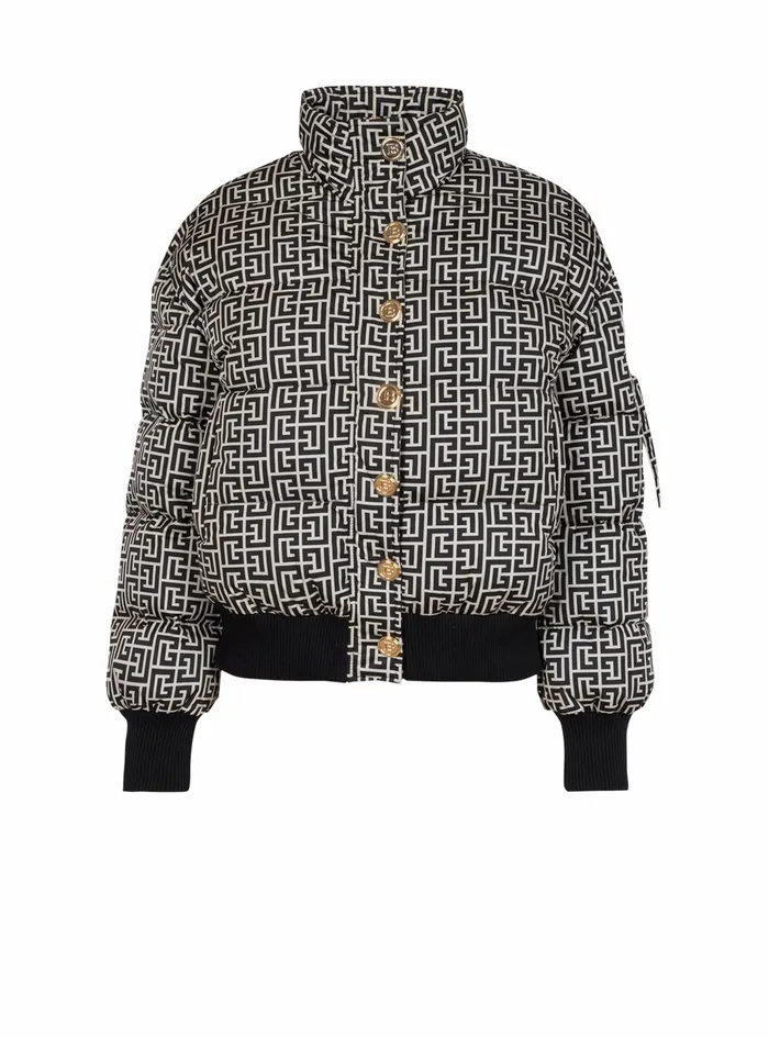 Balmain Outerwear Womens Nylon Quilted Coat With Monogram Black