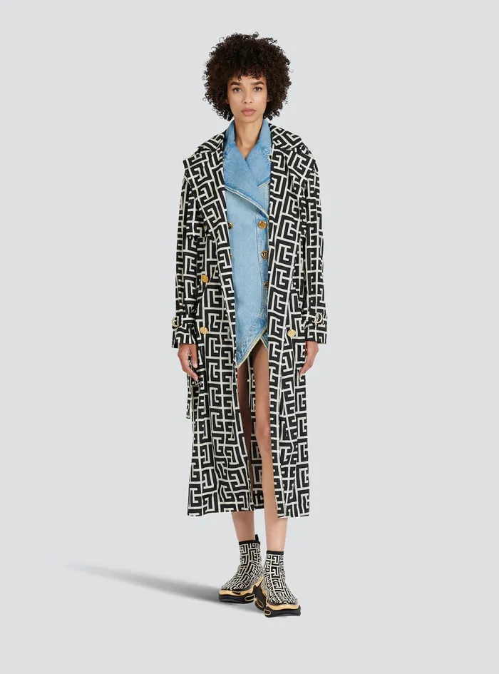Balmain Outerwear Womens Print Monogram Trench Coat Black