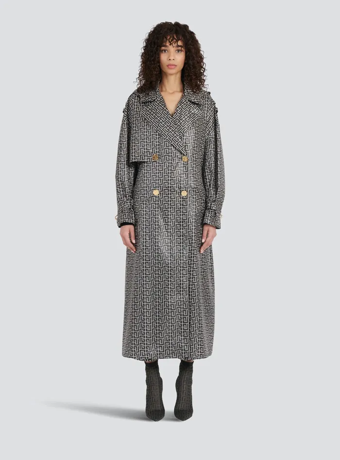 Balmain Outerwear Womens Print Monogram Trench Coat Black