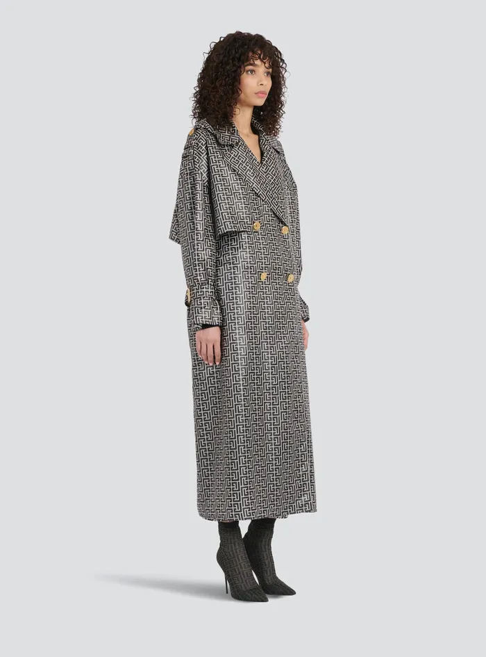 Balmain Outerwear Womens Print Monogram Trench Coat Black