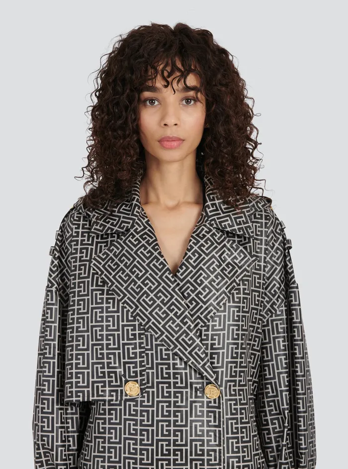 Balmain Outerwear Womens Print Monogram Trench Coat Black