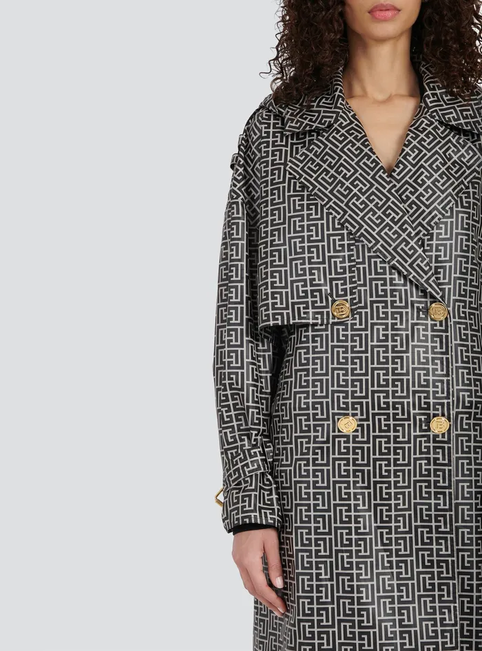 Balmain Outerwear Womens Print Monogram Trench Coat Black