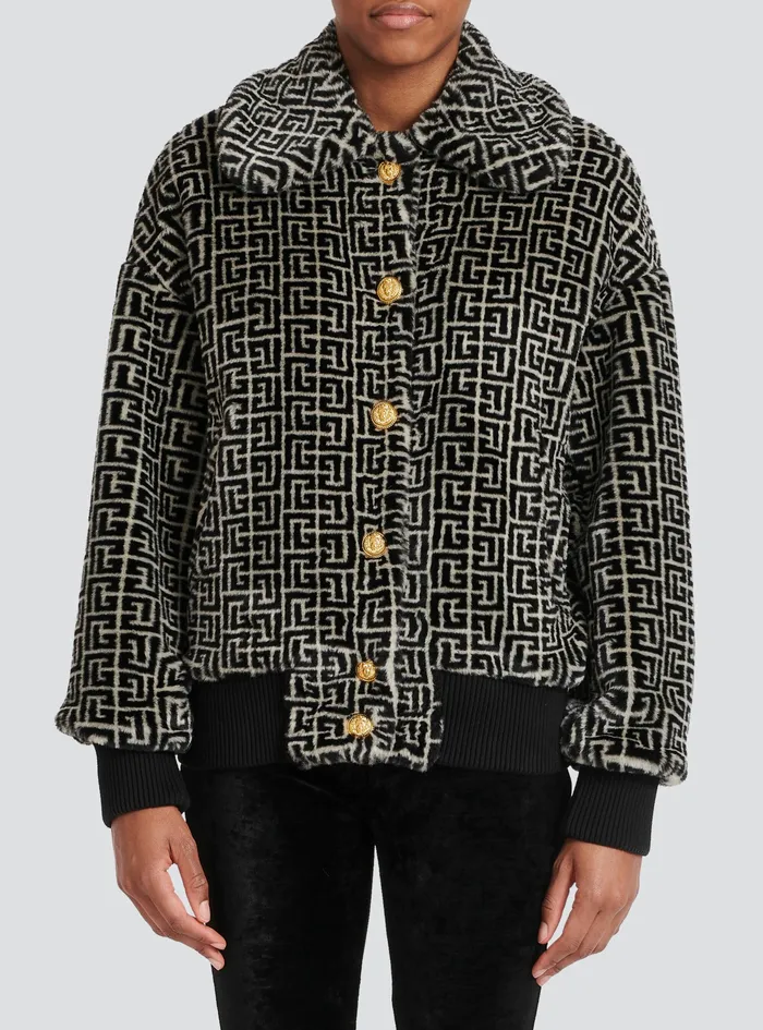 Balmain Outerwear Womens Wool Jacket With Monogram Patterns Black Balmain Outerwear Womens Wool Jacket With Monogram Patterns Black