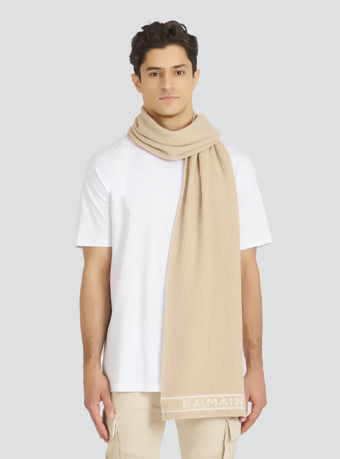 Balmain Scarves Mens Wool And Cashmere Scarf With Embroidered Balmain Logo Beige