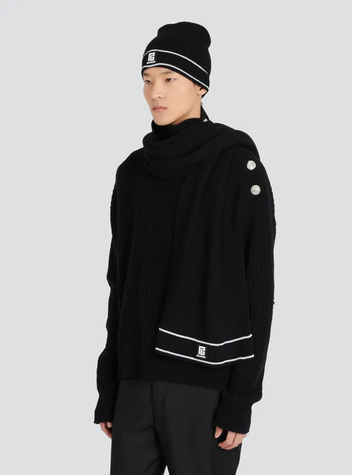 Balmain Scarves Mens Wool Scarf With Balmain Logo Black Balmain Scarves Mens Wool Scarf With Balmain Logo Black