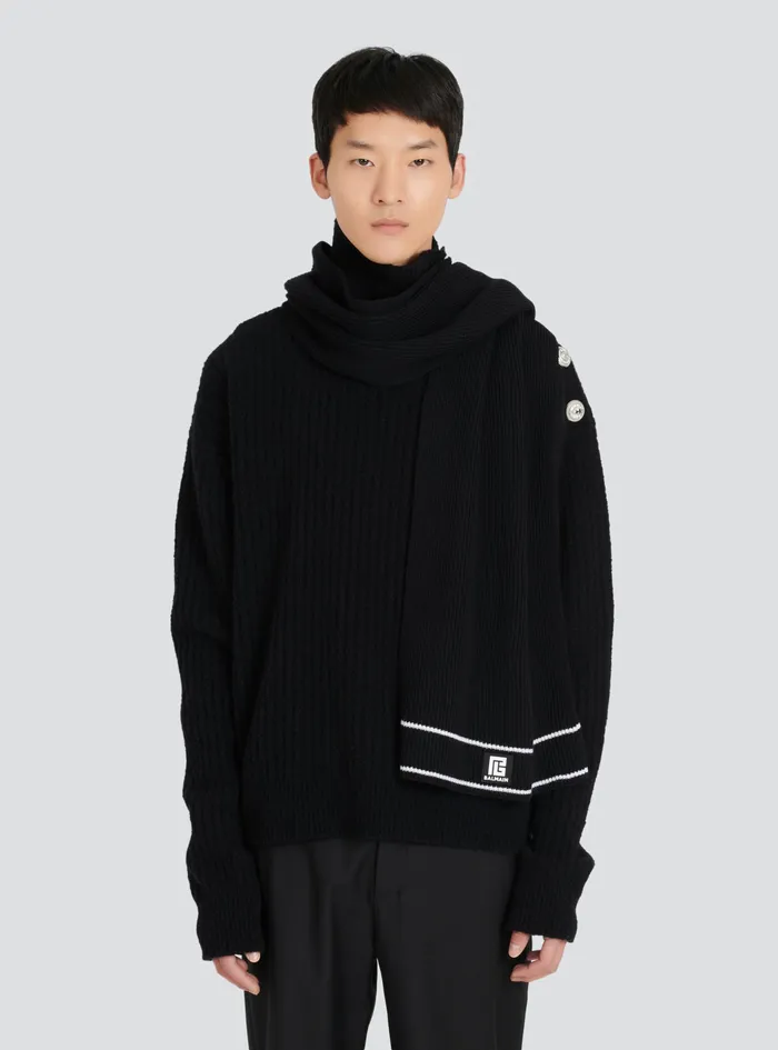 Balmain Scarves Mens Wool Scarf With Balmain Logo Black Balmain Scarves Mens Wool Scarf With Balmain Logo Black