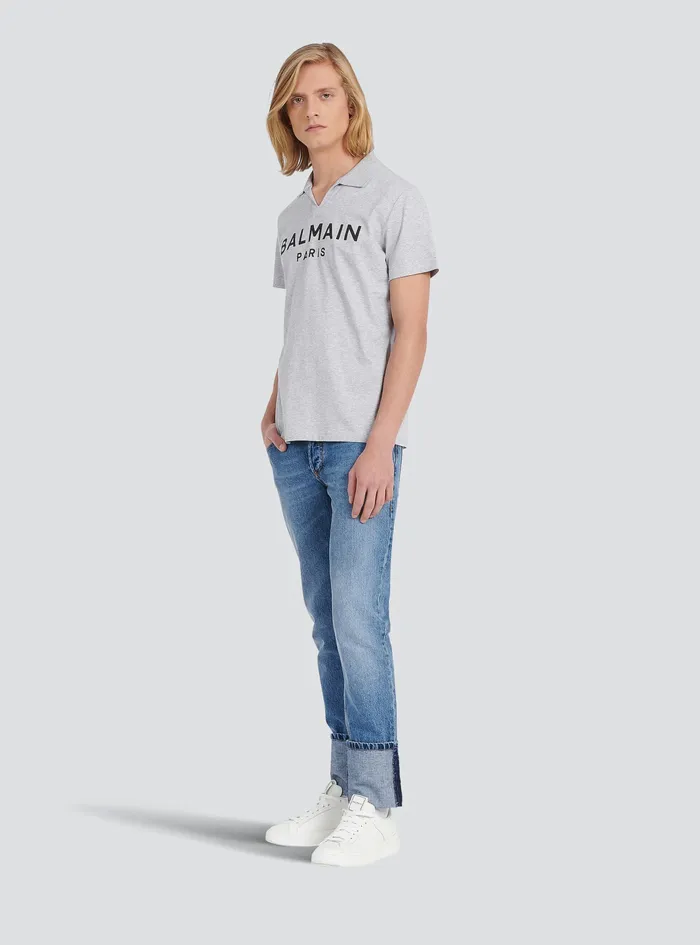 Balmain Shirts And Polos Mens Cotton Polo With Balmain Logo Print Grey Balmain Shirts And Polos Mens Cotton Polo With Balmain Logo Print Grey