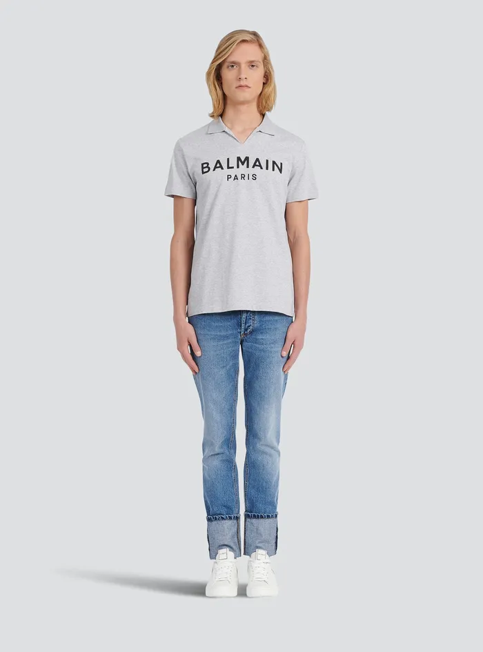 Balmain Shirts And Polos Mens Cotton Polo With Balmain Logo Print Grey Balmain Shirts And Polos Mens Cotton Polo With Balmain Logo Print Grey