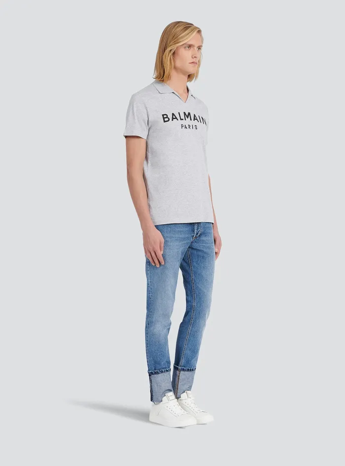 Balmain Shirts And Polos Mens Cotton Polo With Balmain Logo Print Grey Balmain Shirts And Polos Mens Cotton Polo With Balmain Logo Print Grey